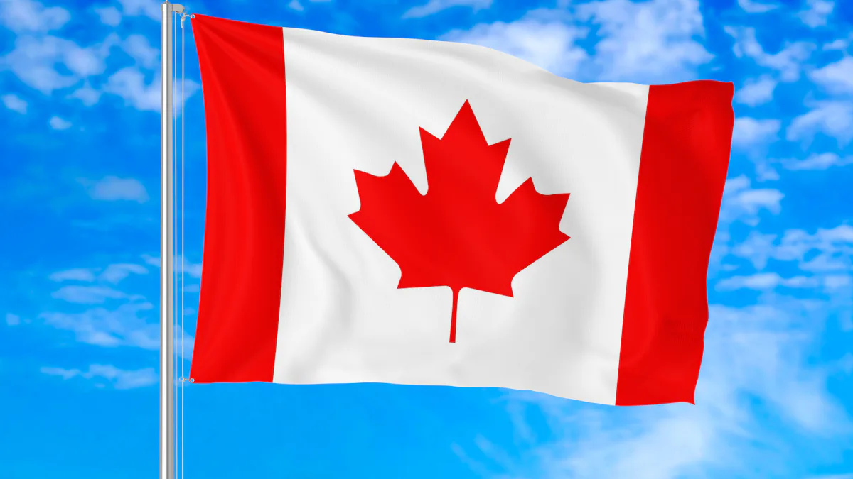 Canadian flag flying against a blue sky