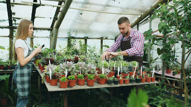 Workers tending plants in a greenhouse