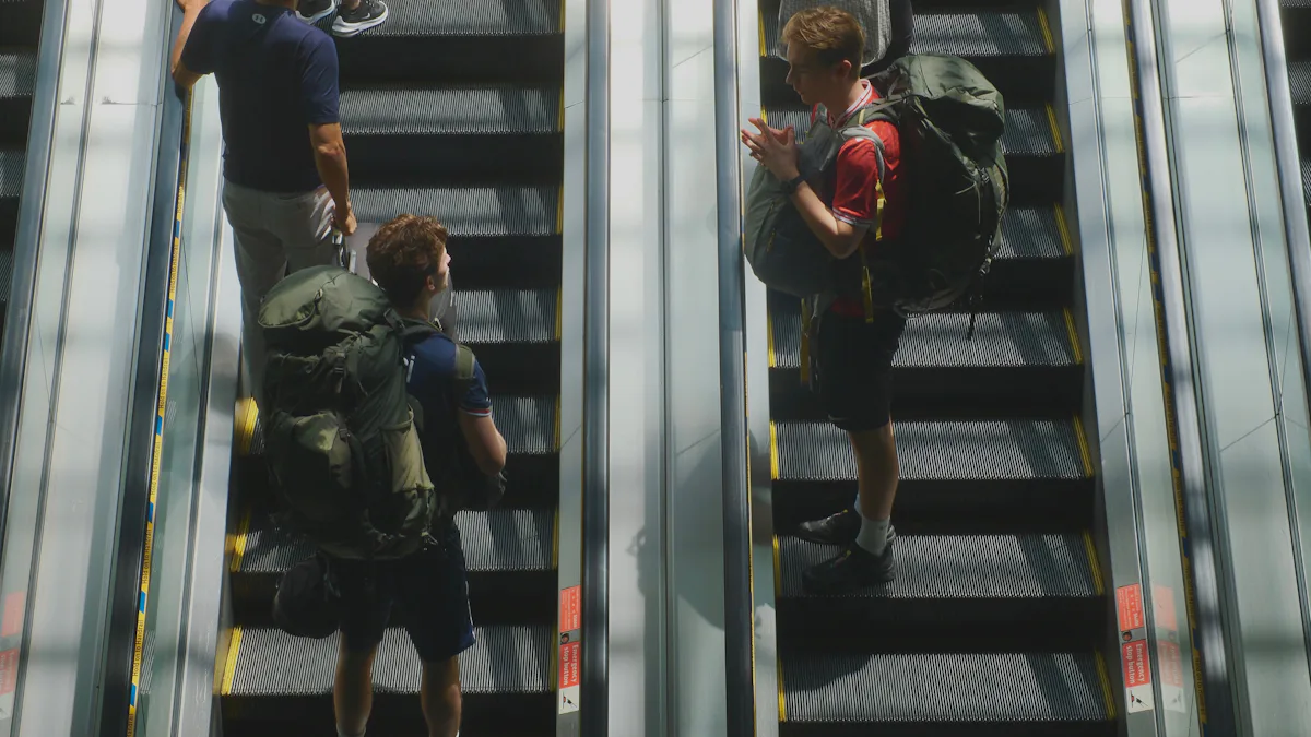 Young travellers with backpacks on an airport escalator
