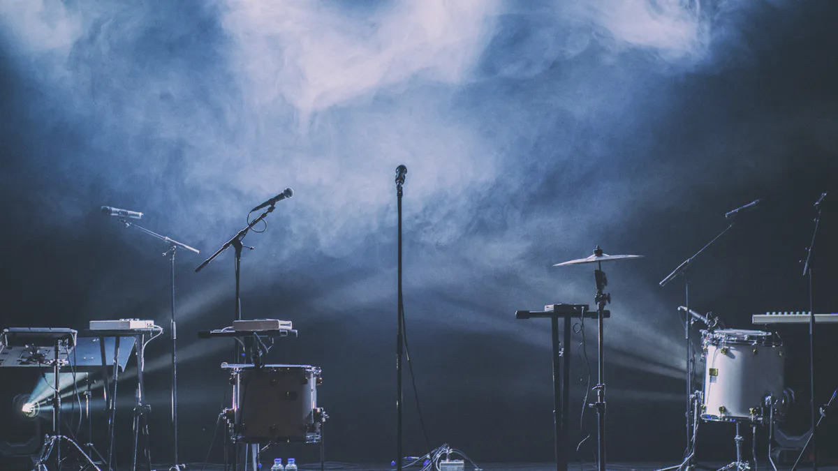 Concert stage with instruments under blue lights
