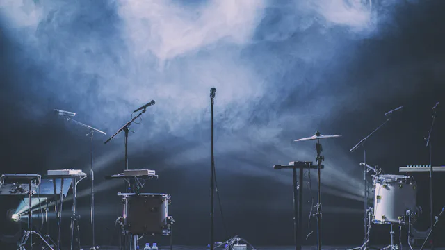 Concert stage with instruments under blue lights
