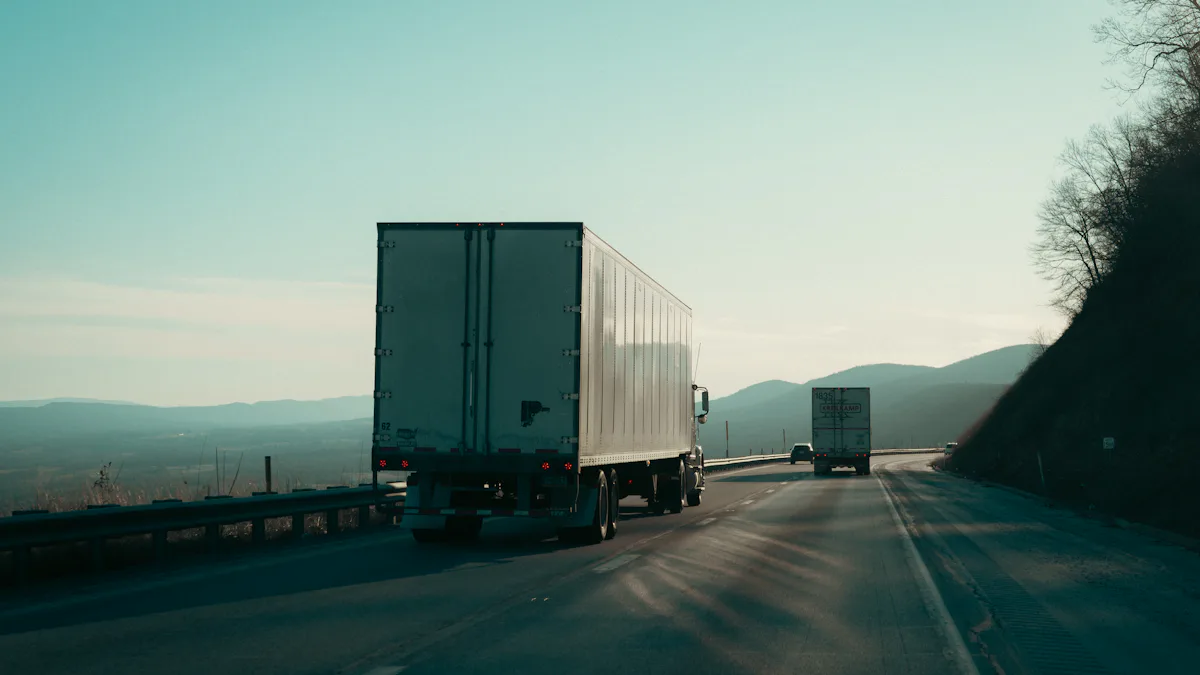 Two semi-trucks driving on a highway